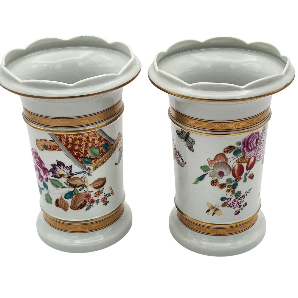 Mottahedeh Lowestoft Rose Spill Vases Porcelain Vista Alegre Portugal Vintage